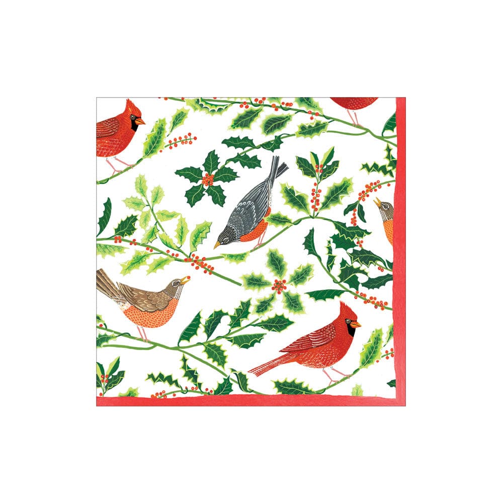 Songbirds and Holly Paper Cocktail Napkins in White