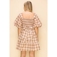 Taupe Gingham Puff Sleeve Tiered Mini Dress