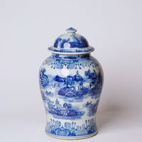 Chinoiserie Blue & Whie Landscape Temple Jar