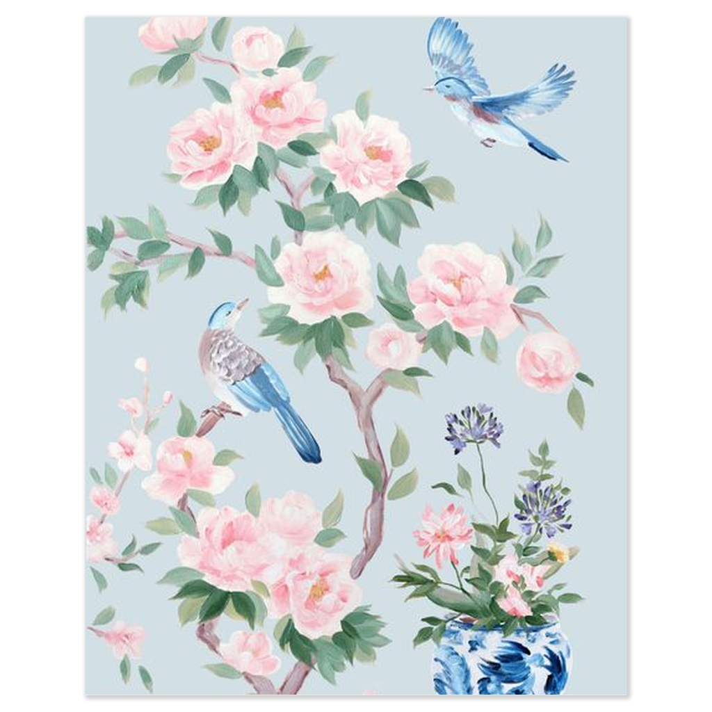 Two Birds (Detail from “June”) – Blue Chinoiserie Fine Art Print on Paper (Various Sizes)