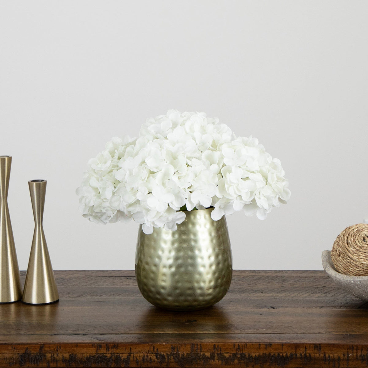 11” Artificial Hydrangea Arrangement in Gold Metal Vase (3 Colors)