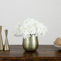 11” Artificial Hydrangea Arrangement in Gold Metal Vase (3 Colors)