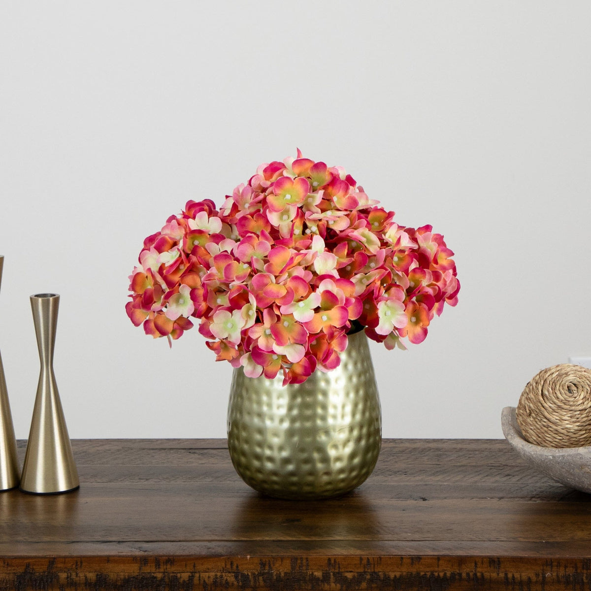 11” Artificial Hydrangea Arrangement in Gold Metal Vase (3 Colors)