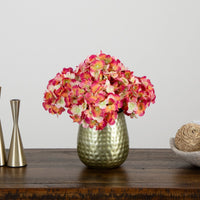 11” Artificial Hydrangea Arrangement in Gold Metal Vase (3 Colors)