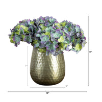 11” Artificial Hydrangea Arrangement in Gold Metal Vase (3 Colors)