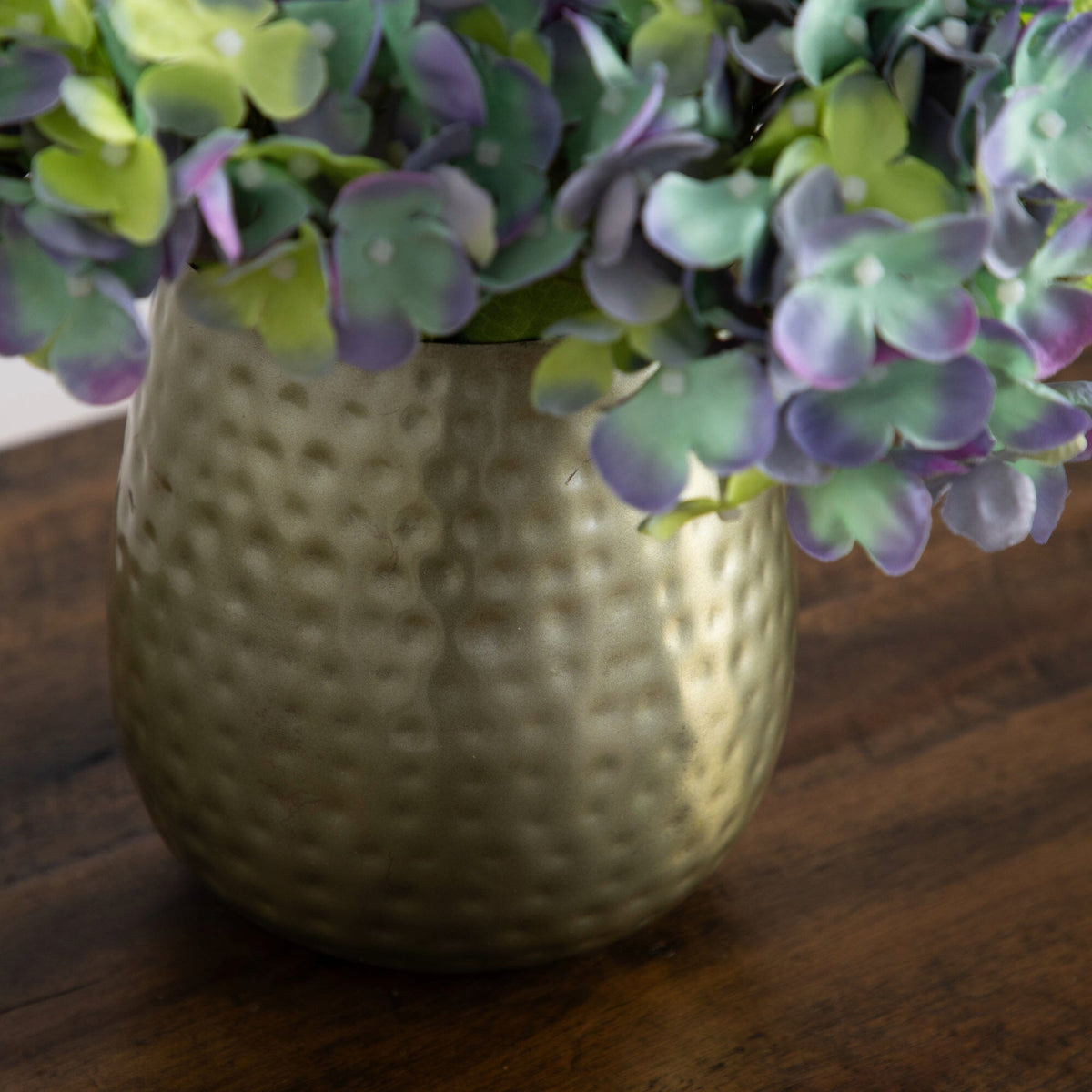 11” Artificial Hydrangea Arrangement in Gold Metal Vase (3 Colors)