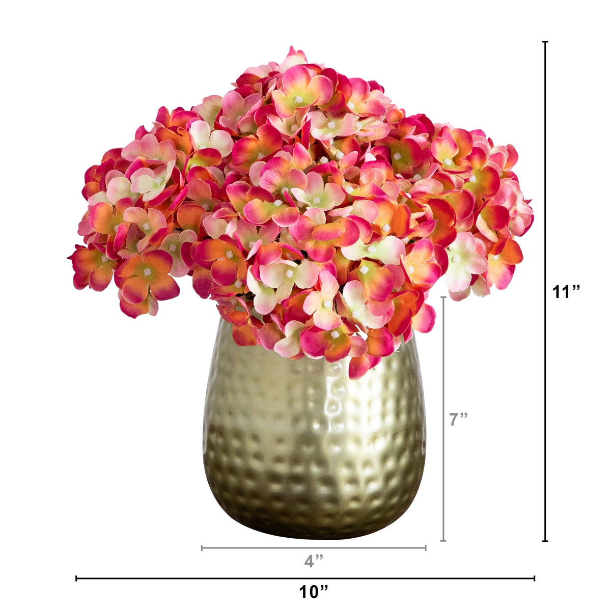 11” Artificial Hydrangea Arrangement in Gold Metal Vase (3 Colors)