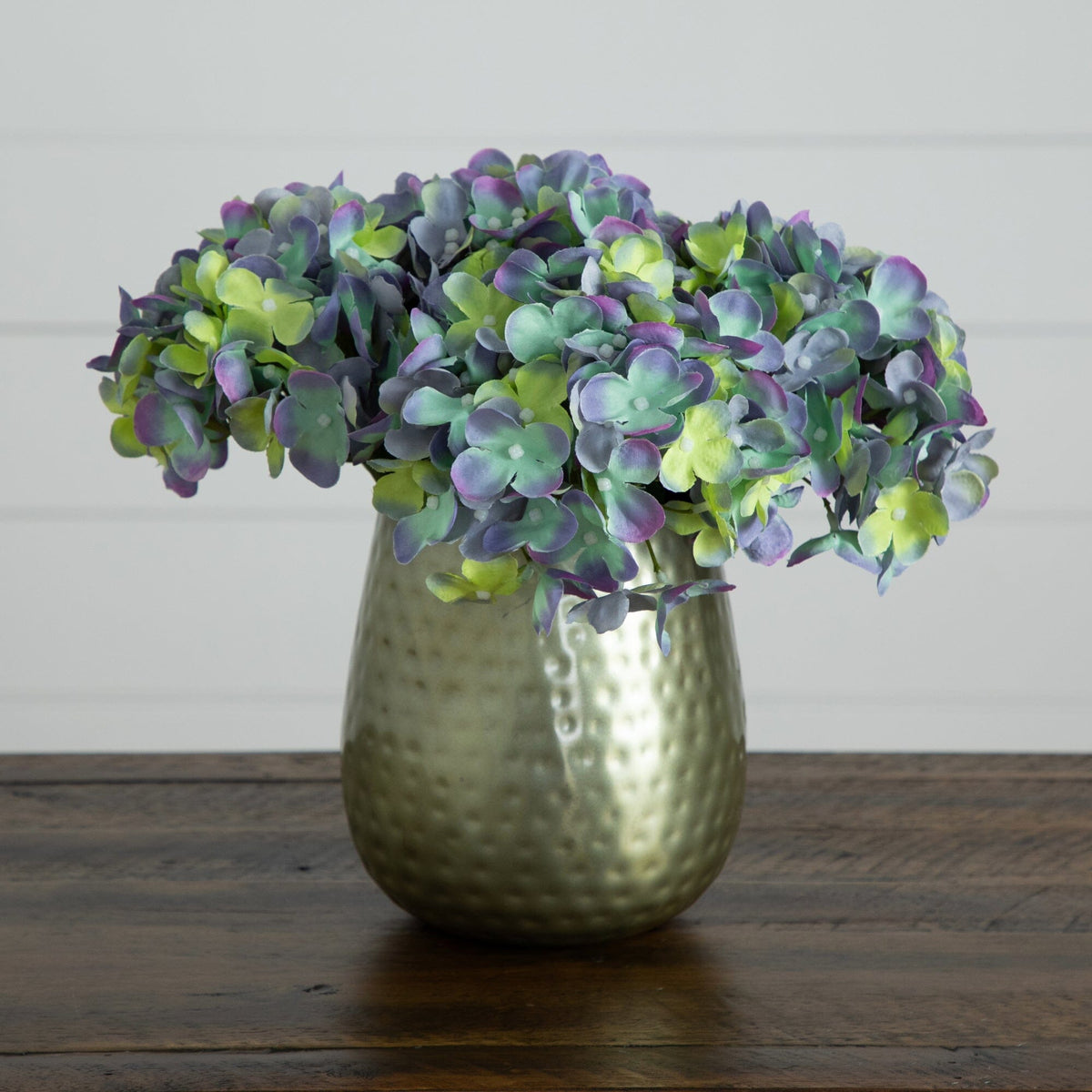 11” Artificial Hydrangea Arrangement in Gold Metal Vase (3 Colors)