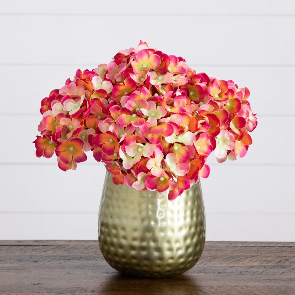 11” Artificial Hydrangea Arrangement in Gold Metal Vase (3 Colors)