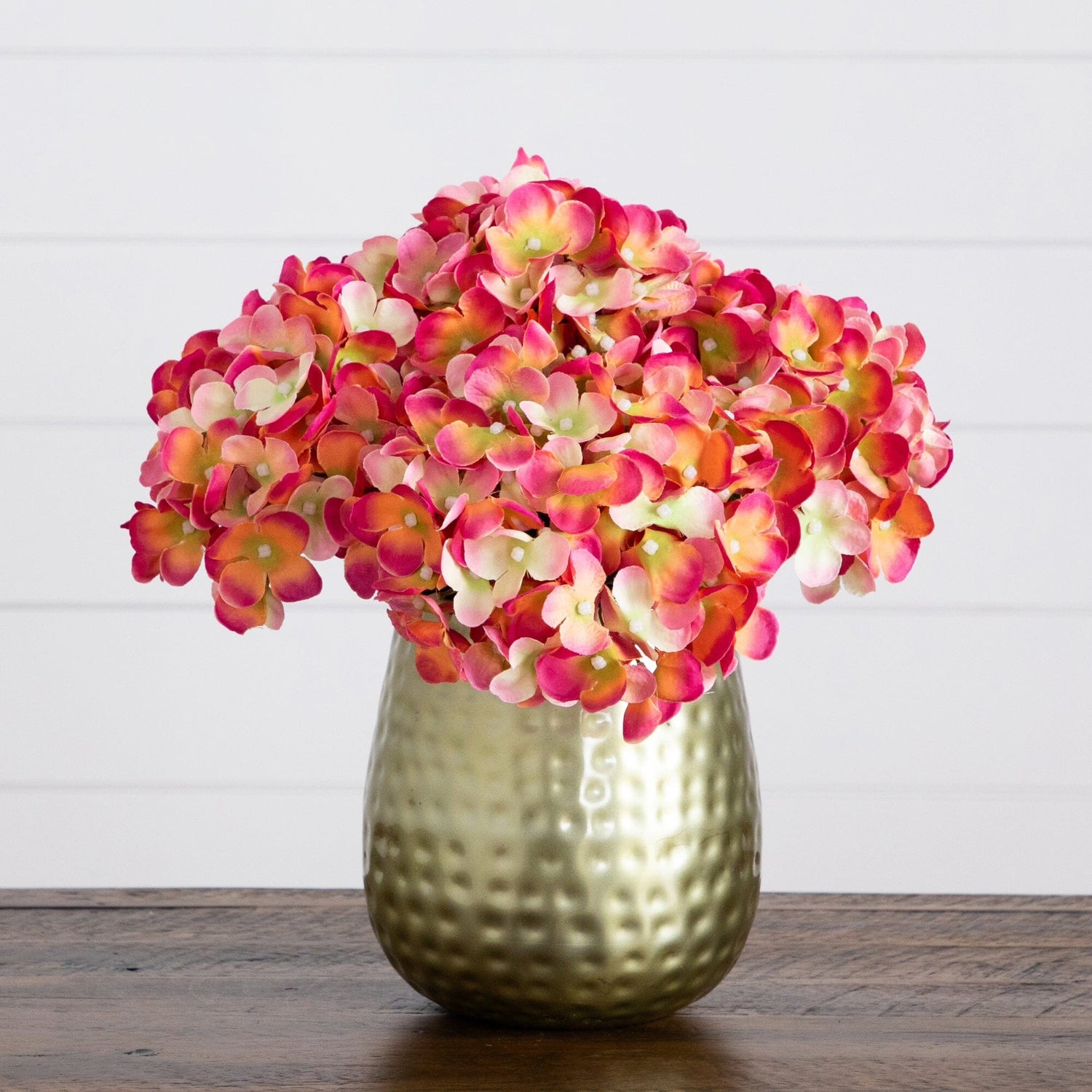11” Artificial Hydrangea Arrangement in Gold Metal Vase (3 Colors)