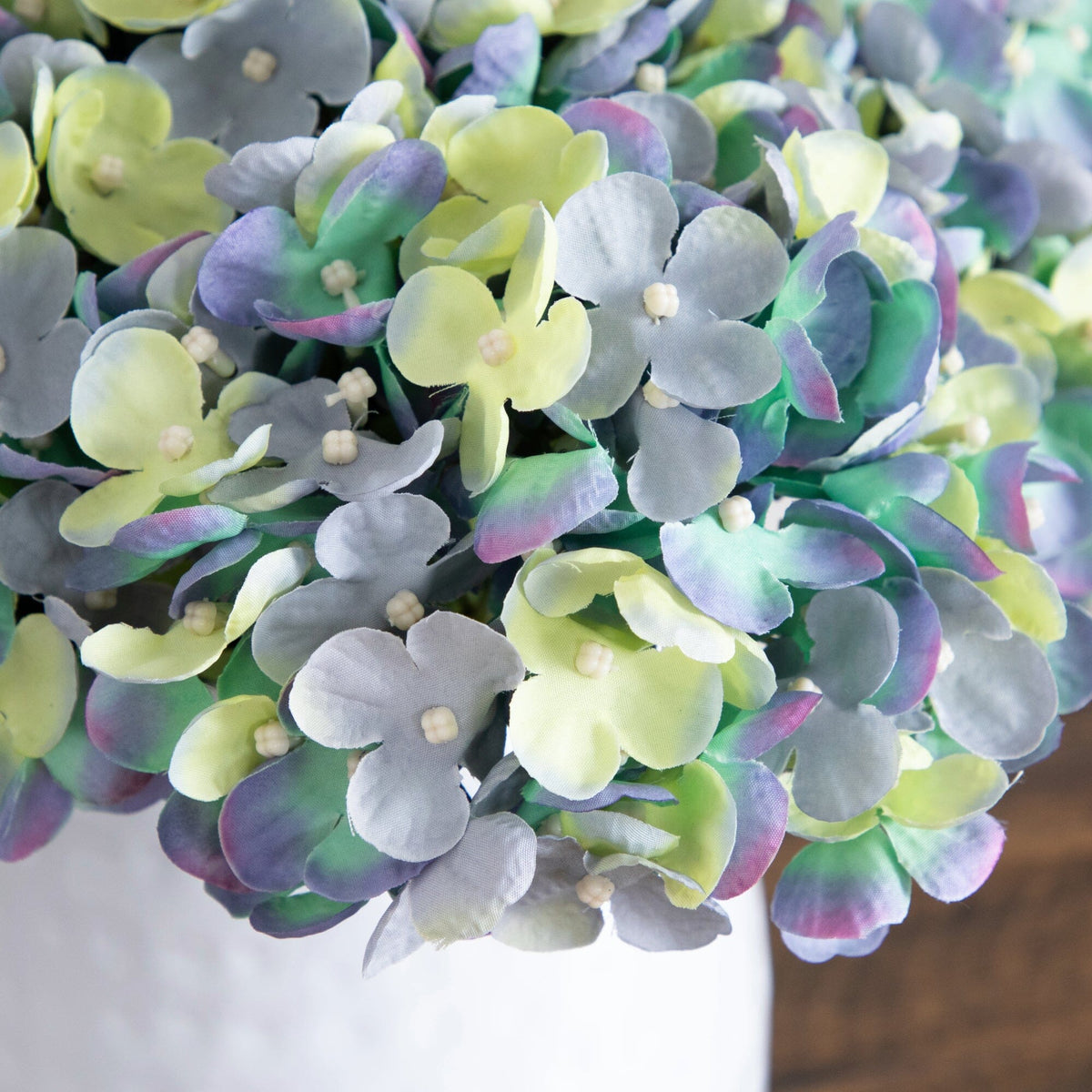 11” Artificial Hydrangea Arrangement in White Metal Vase (3 Colors)