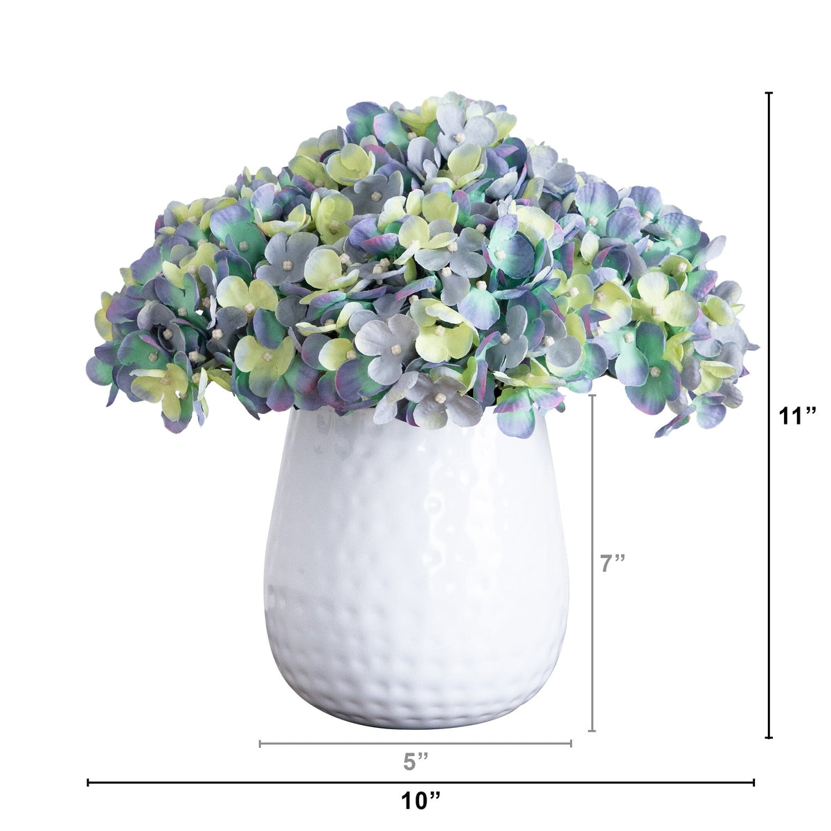 11” Artificial Hydrangea Arrangement in White Metal Vase (3 Colors)