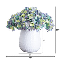 11” Artificial Hydrangea Arrangement in White Metal Vase (3 Colors)