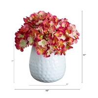 11” Artificial Hydrangea Arrangement in White Metal Vase (3 Colors)