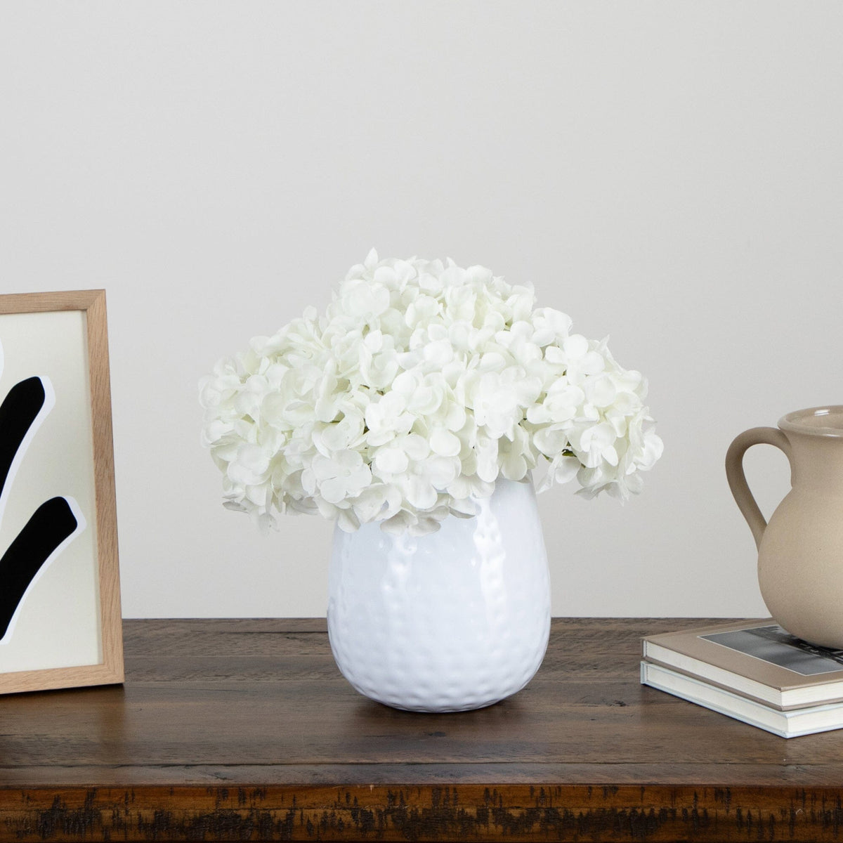 11” Artificial Hydrangea Arrangement in White Metal Vase (3 Colors)