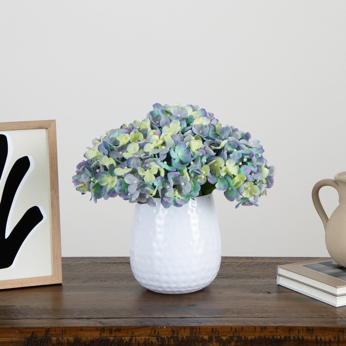 11” Artificial Hydrangea Arrangement in White Metal Vase (3 Colors)
