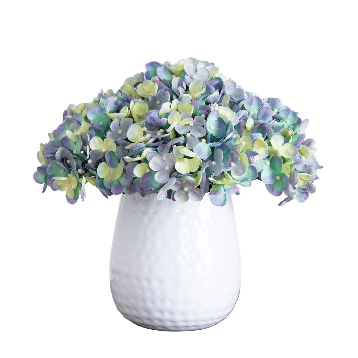 11” Artificial Hydrangea Arrangement in White Metal Vase (3 Colors)