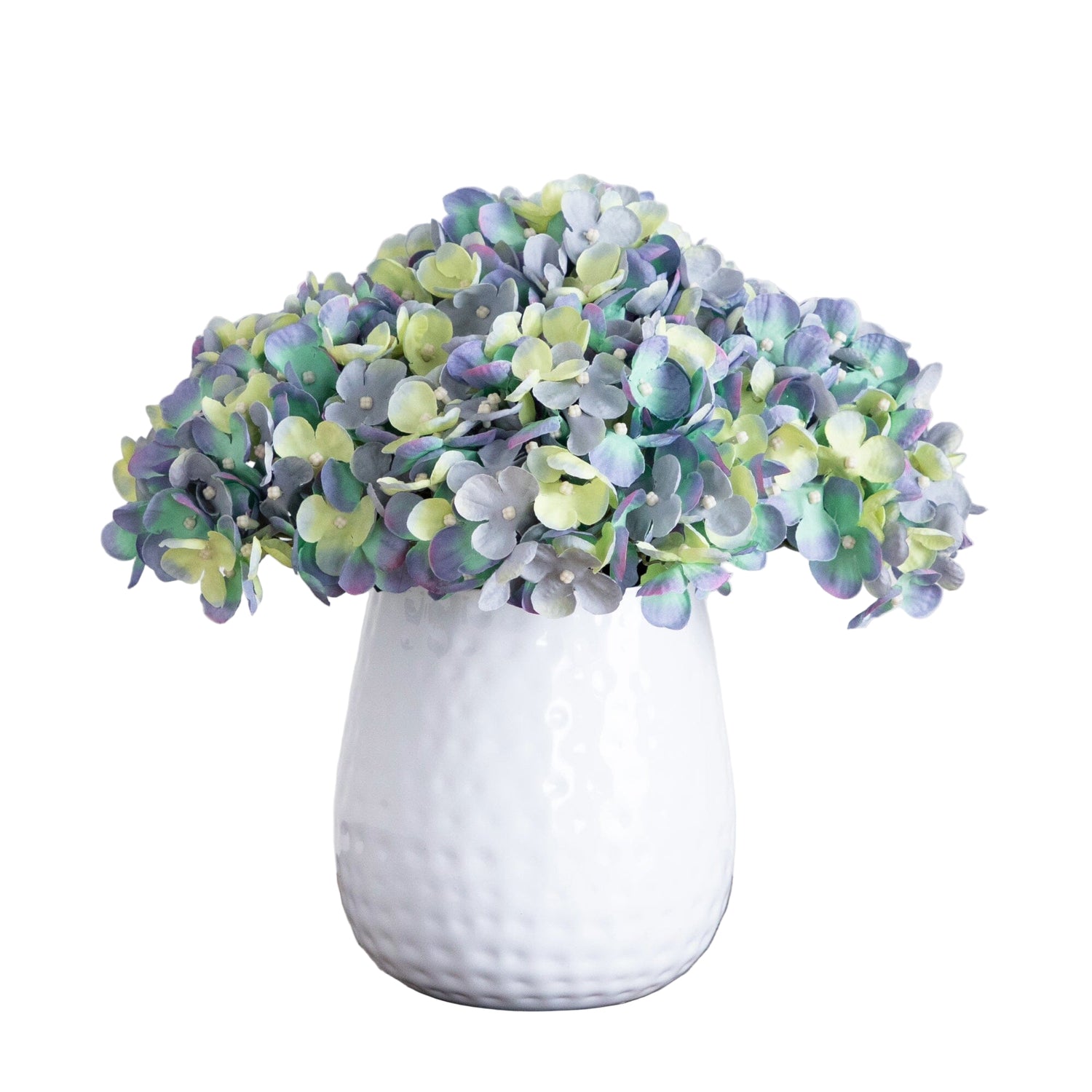11” Artificial Hydrangea Arrangement in White Metal Vase (3 Colors)