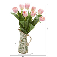 19” Tulip Artificial Arrangement in Floral Pitcher (Various Colors)