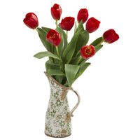 19” Tulip Artificial Arrangement in Floral Pitcher (Various Colors)