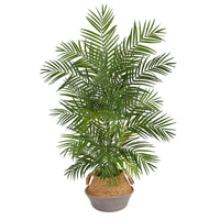 4' Areca Artificial Palm Branches in Boho Chic Handmade Cotton & Jute Gray Woven Planter