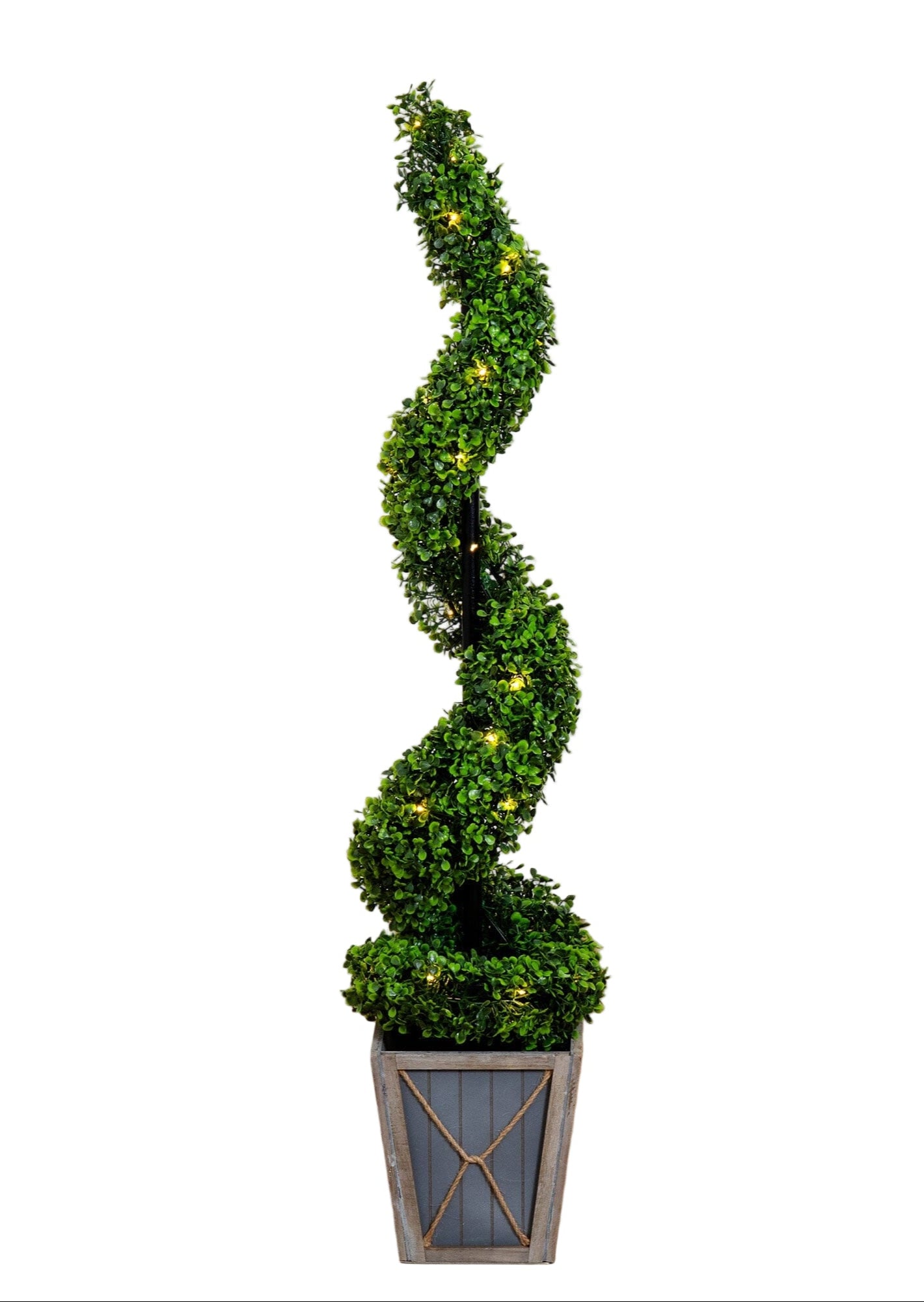 45” UV Resistant Artificial Boxwood Spiral Topiary Tree with LED Lights in Decorative Planter (Indoor/Outdoor)