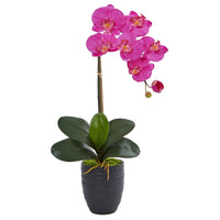 Single Faux Phalaenopsis Orchid in Black Ceramic Vase