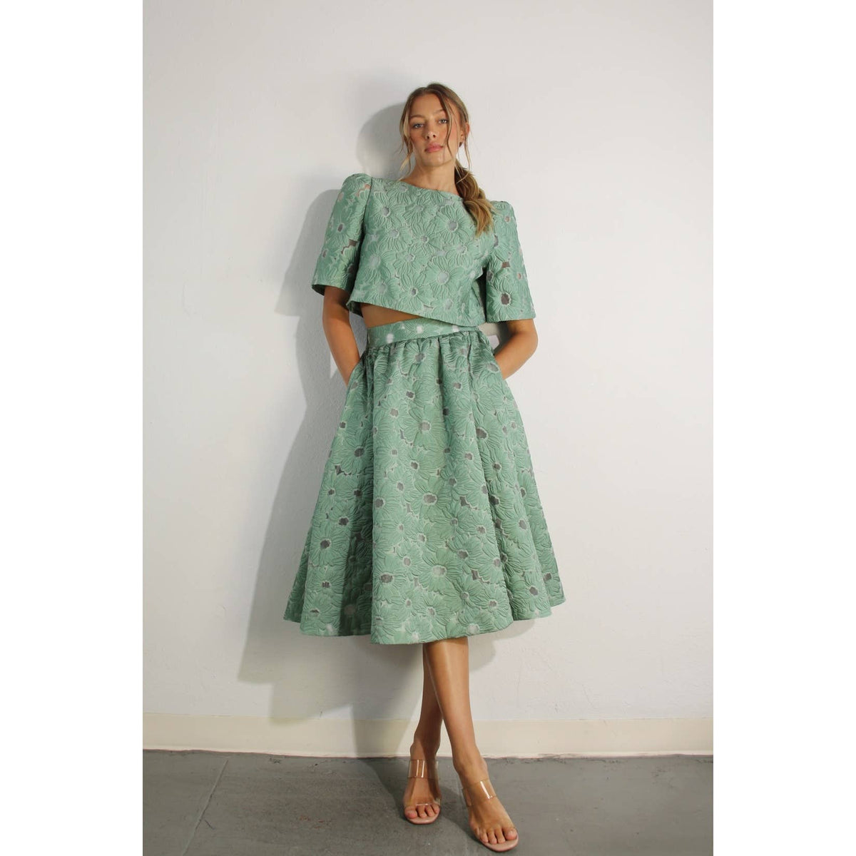 Flower Embossed Crop Top & Skirt Set