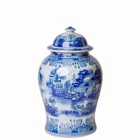 Chinoiserie Blue & Whie Landscape Temple Jar