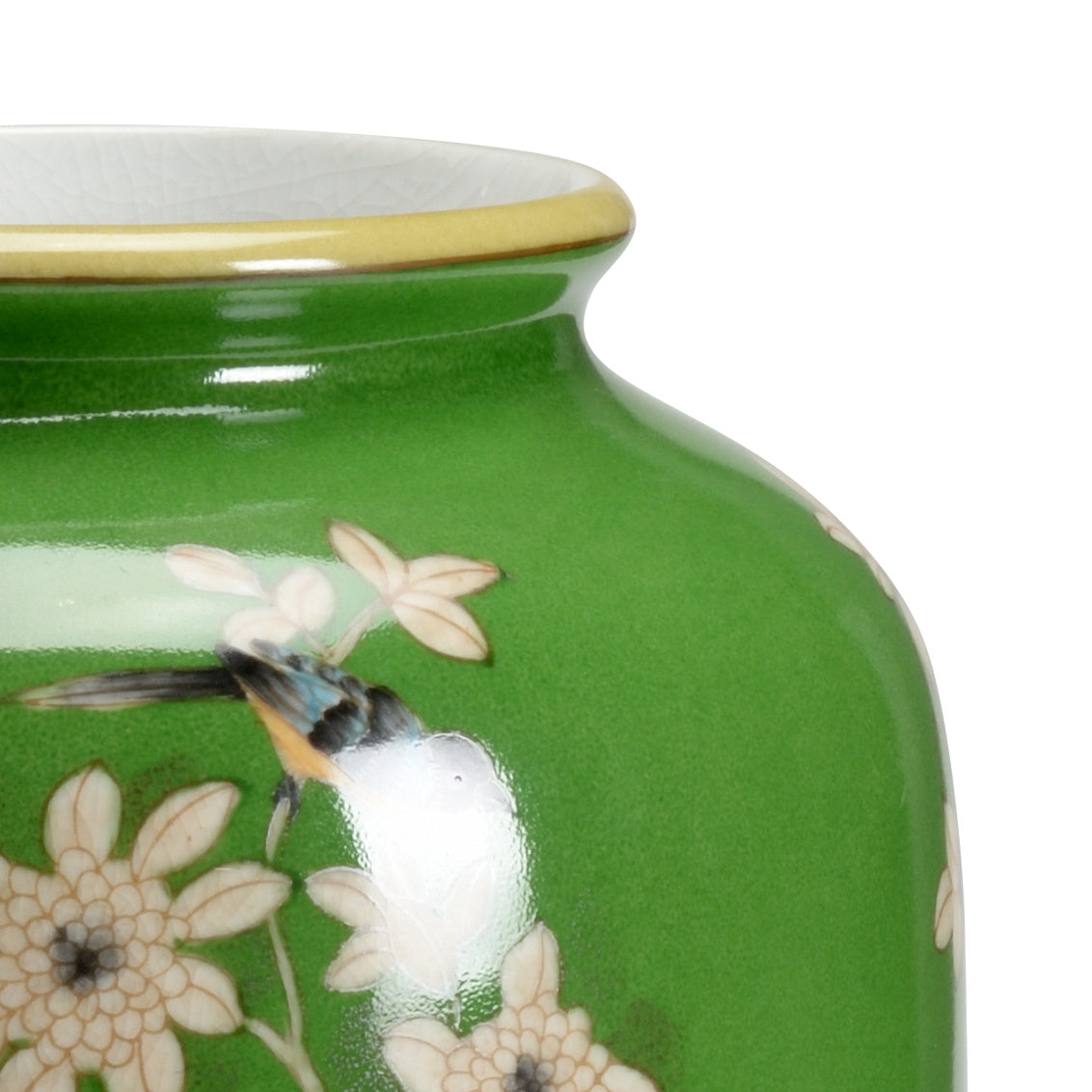 Green Hand-Painted Floral & Bird Motif Vase