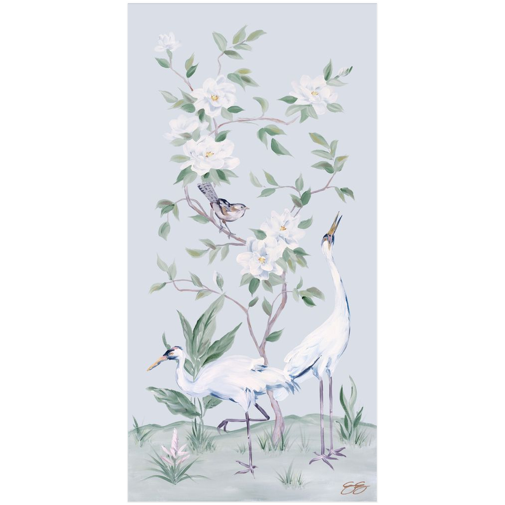 Cranes and Gardenias – Light Blue Chinoiserie Fine Art Paper Print (Various Sizes)