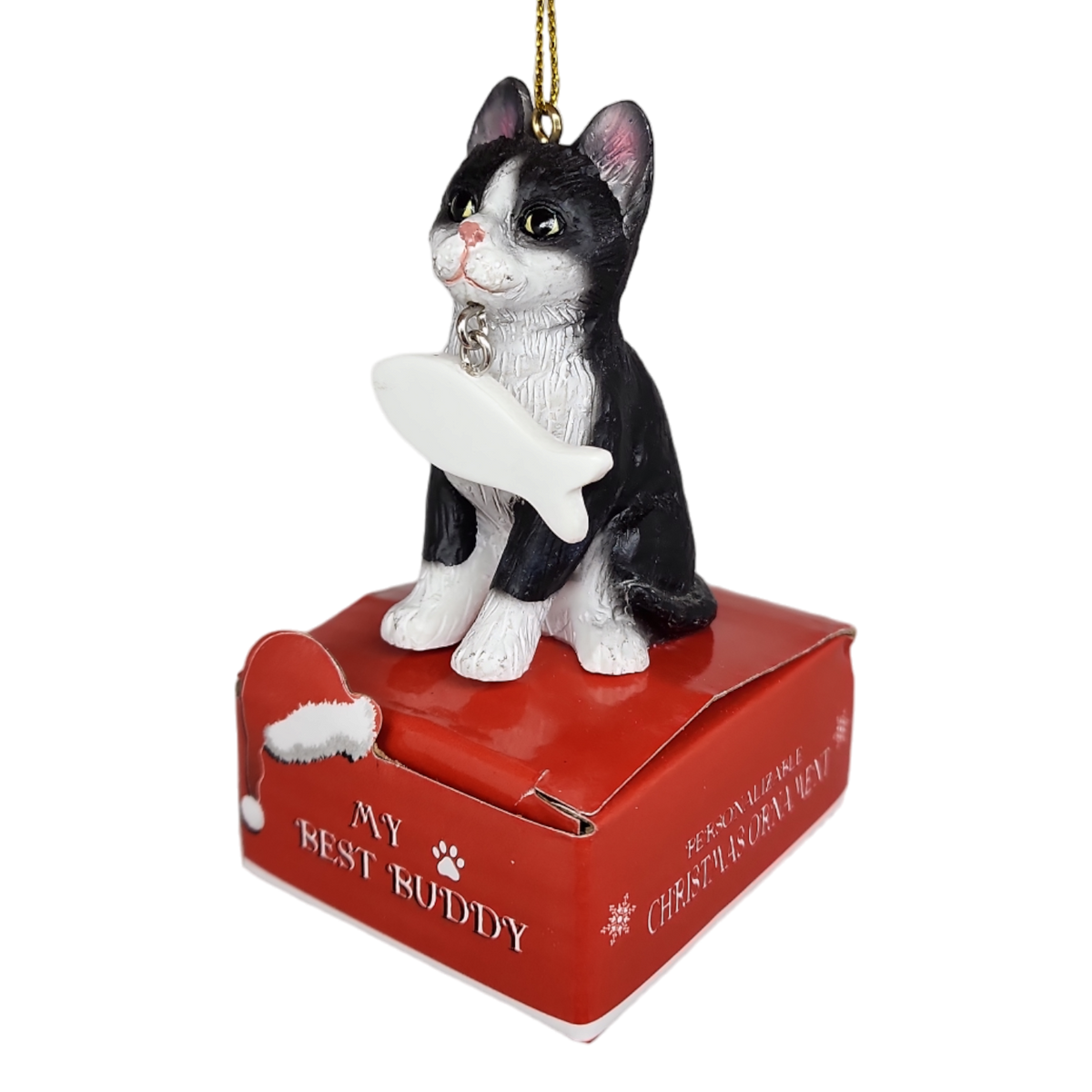 Black and White Cat with Fish Ornament