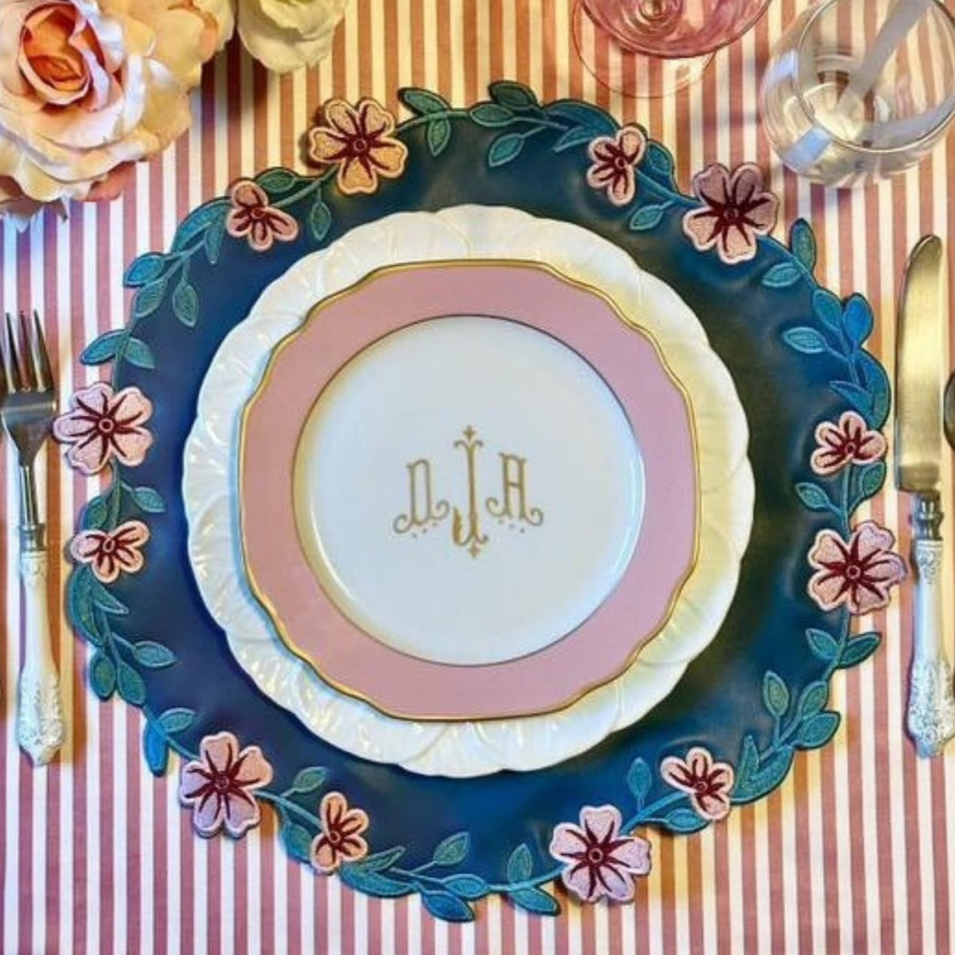 Unity Blue and Pink Round Faux Leather Placemat