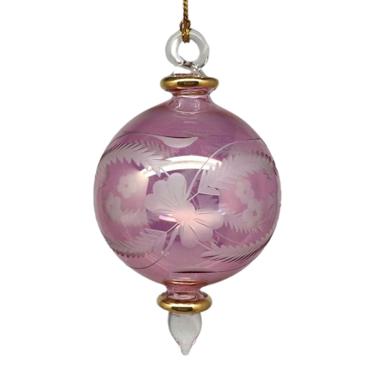 Etched Blown Glass Ball Ornament - Pink