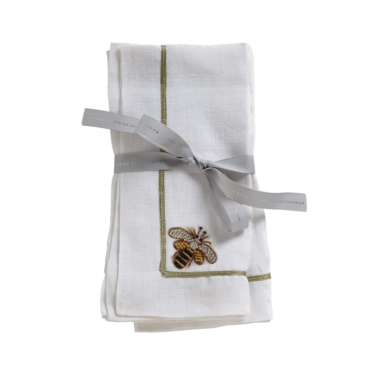 Stripey Bee Linen Dinner Napkins – White (Set of 2)