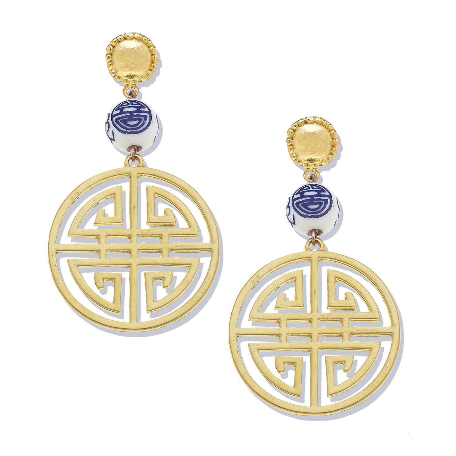 Blue & White Happiness Porcelain Dangle Earrings