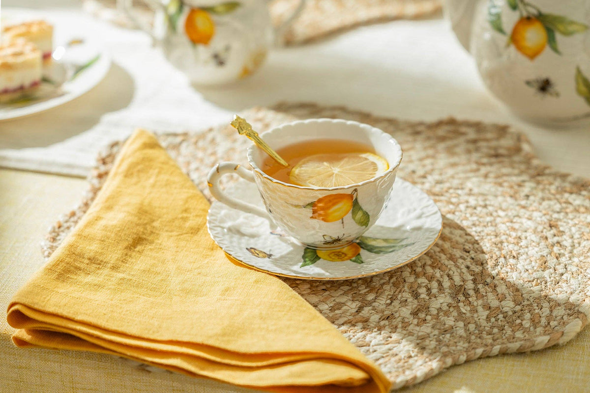 Lemon Bee Fine Porcelain Tea Set – Teapot with 4 Cups & Saucers