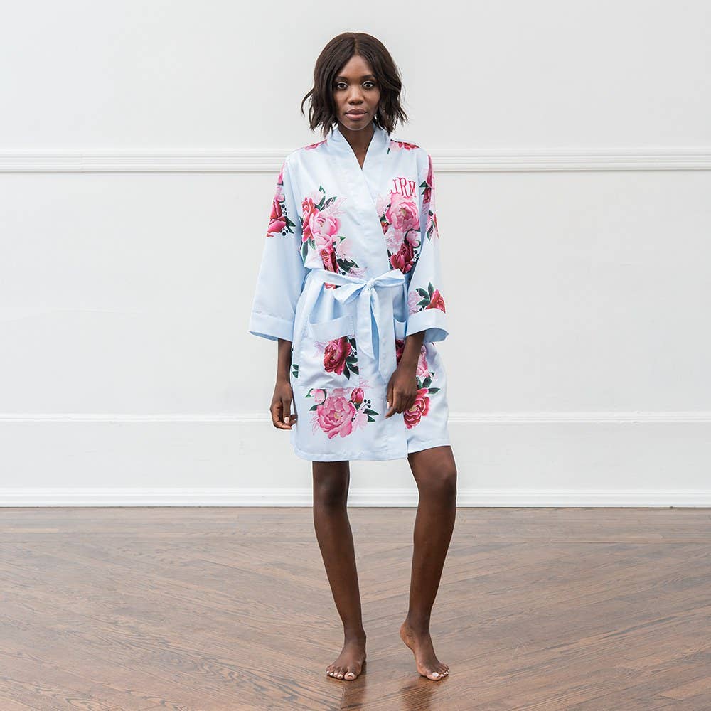 Floral Satin Robe with Pockets – Light Blue with Greenery &amp; Red Florals