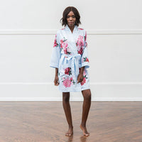 Floral Satin Robe with Pockets – Light Blue with Greenery &amp; Red Florals