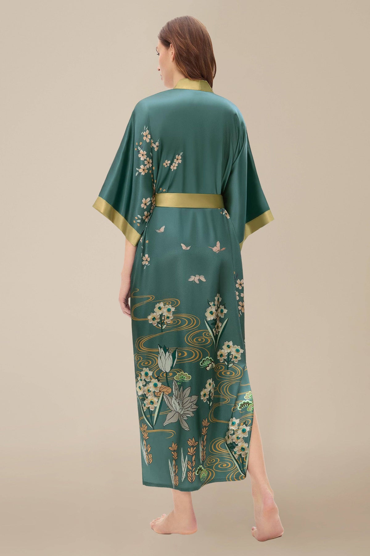 Teal Satin Kimono with Golden Botanical Embroidery
