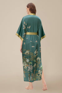 Teal Satin Kimono with Golden Botanical Embroidery