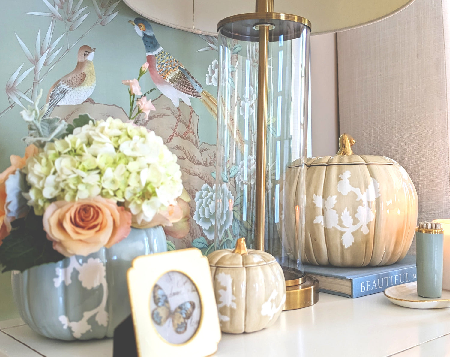 Chinoiserie Pumpkin Jars with 22K Gold Accents in Lamb's Ear Blue (Various Sizes)