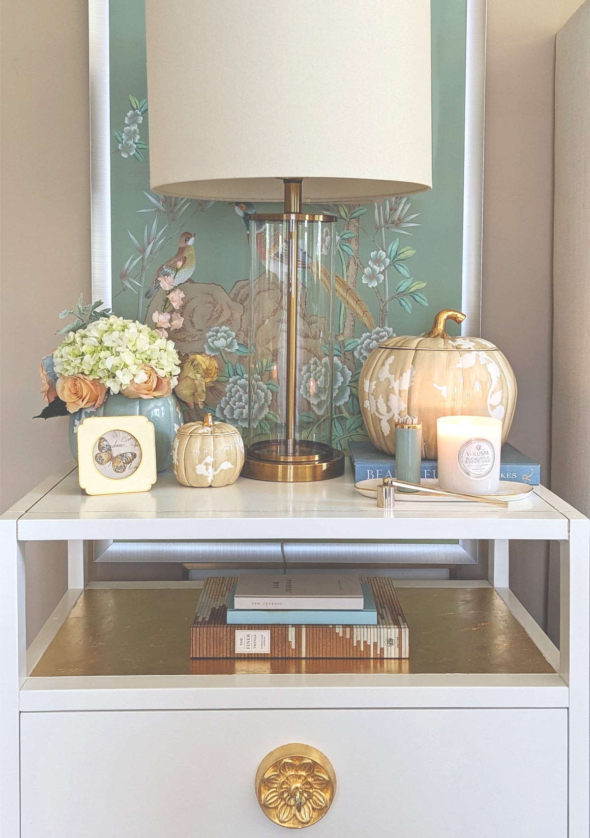 Chinoiserie Pumpkin Jars with 22K Gold Accents in Lamb's Ear Blue (Various Sizes)