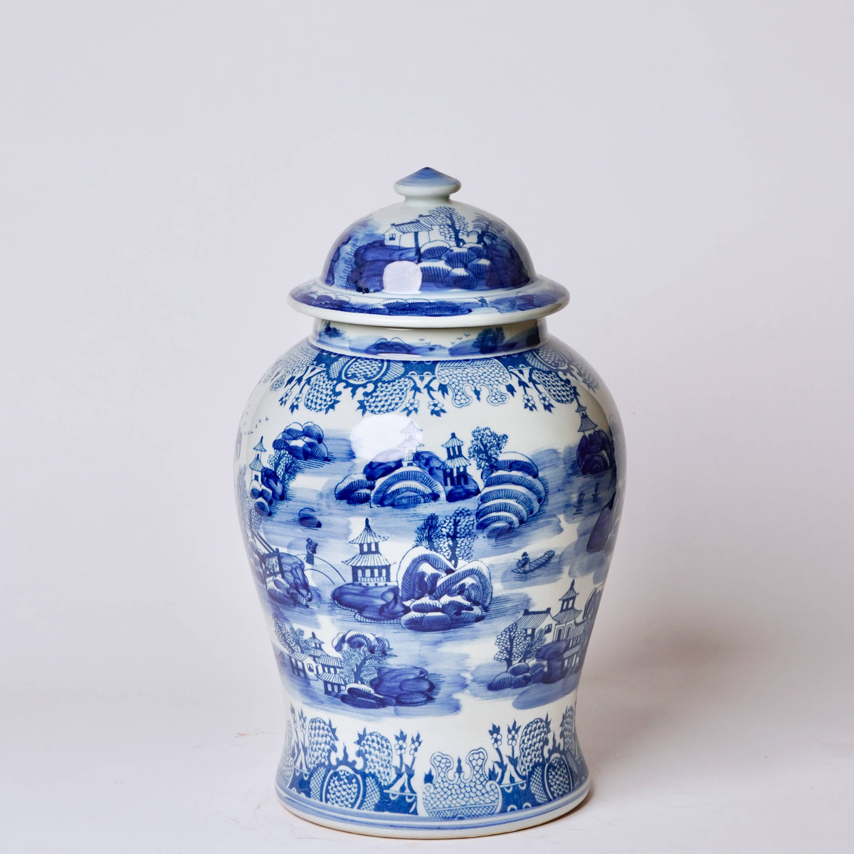 Chinoiserie Blue & Whie Landscape Temple Jar