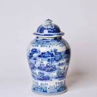 Chinoiserie Blue & Whie Landscape Temple Jar