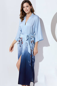 Gradient Watercolor Floral Kimono Robe – Pale Serenity / Midnight Navy