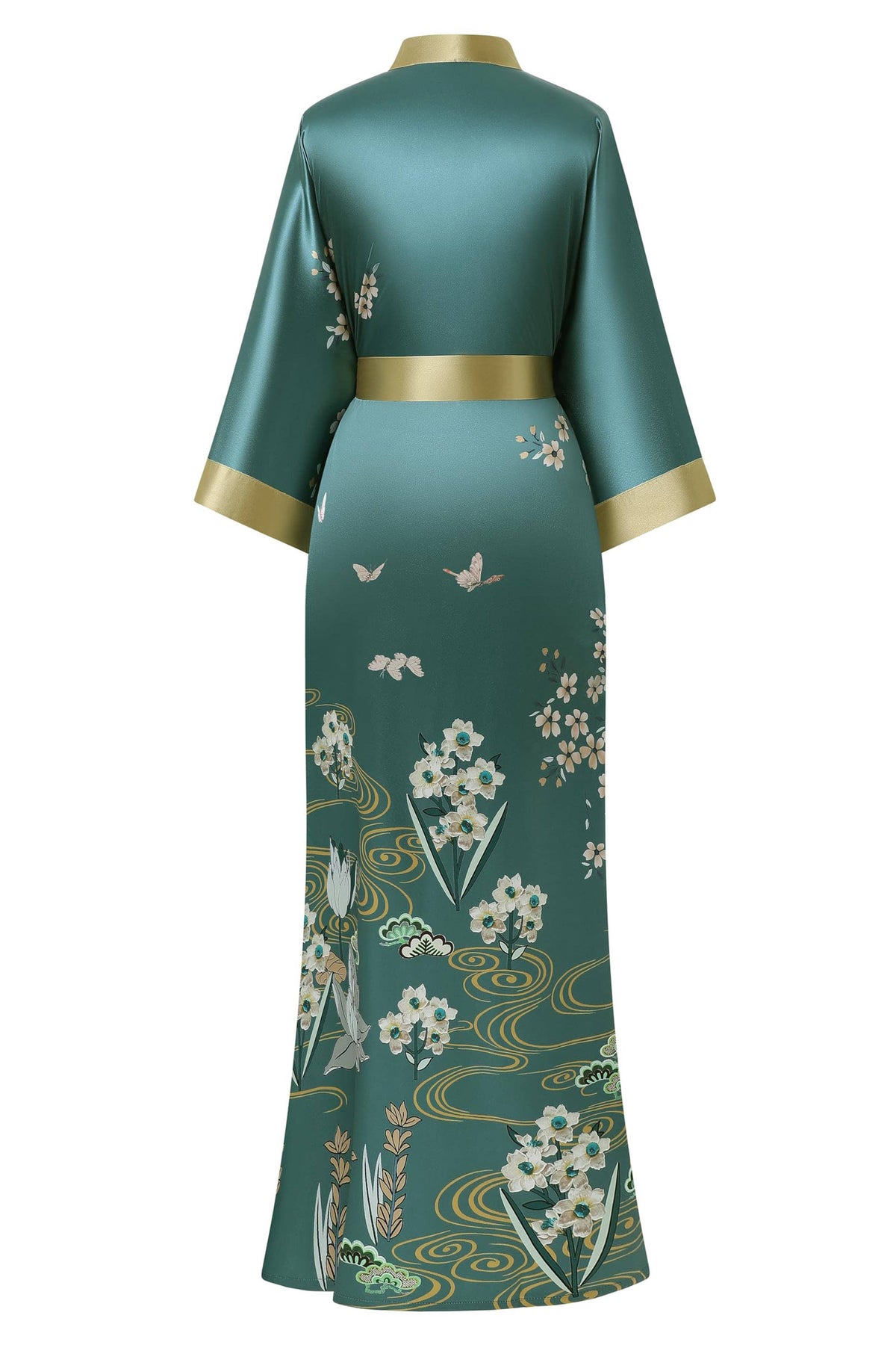 Teal Satin Kimono with Golden Botanical Embroidery