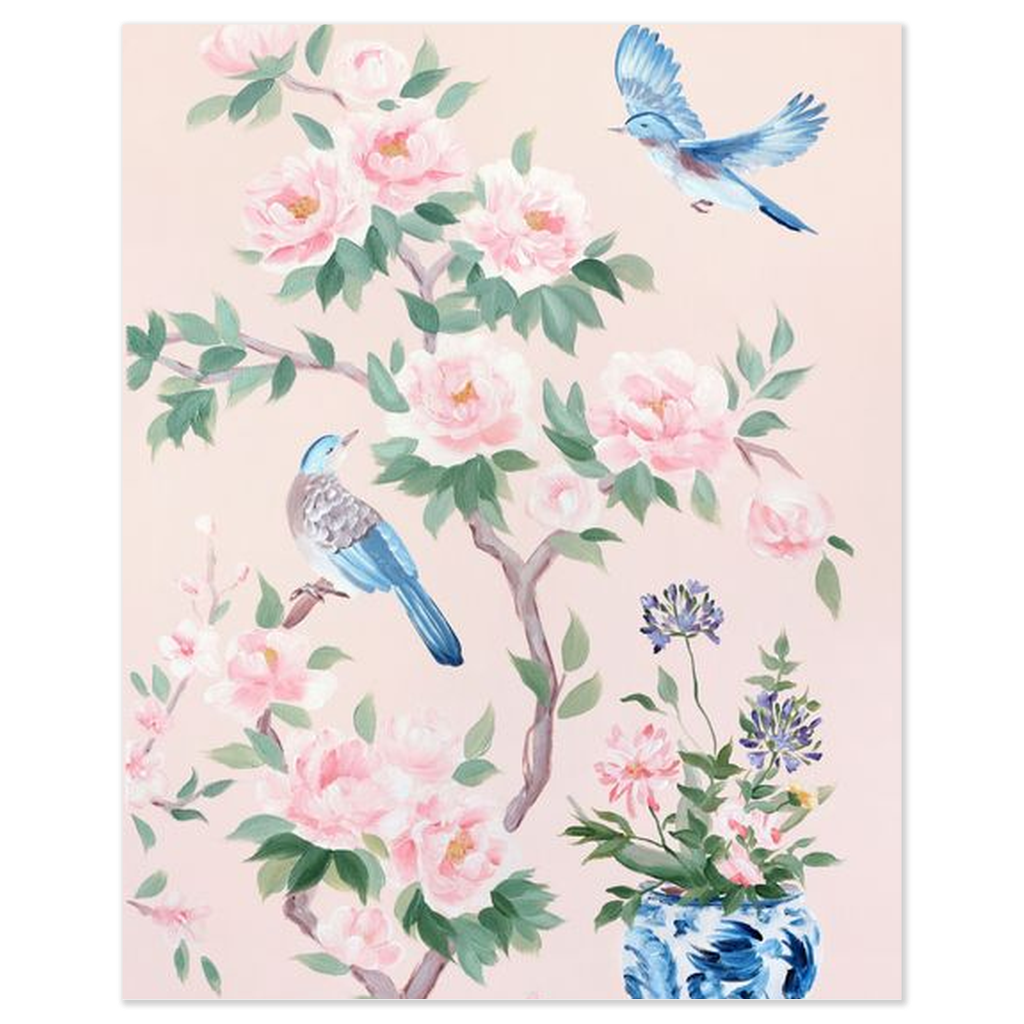 Two Birds (Detail from “June”) – Pink Chinoiserie Fine Art Print on Paper (Various Sizes)