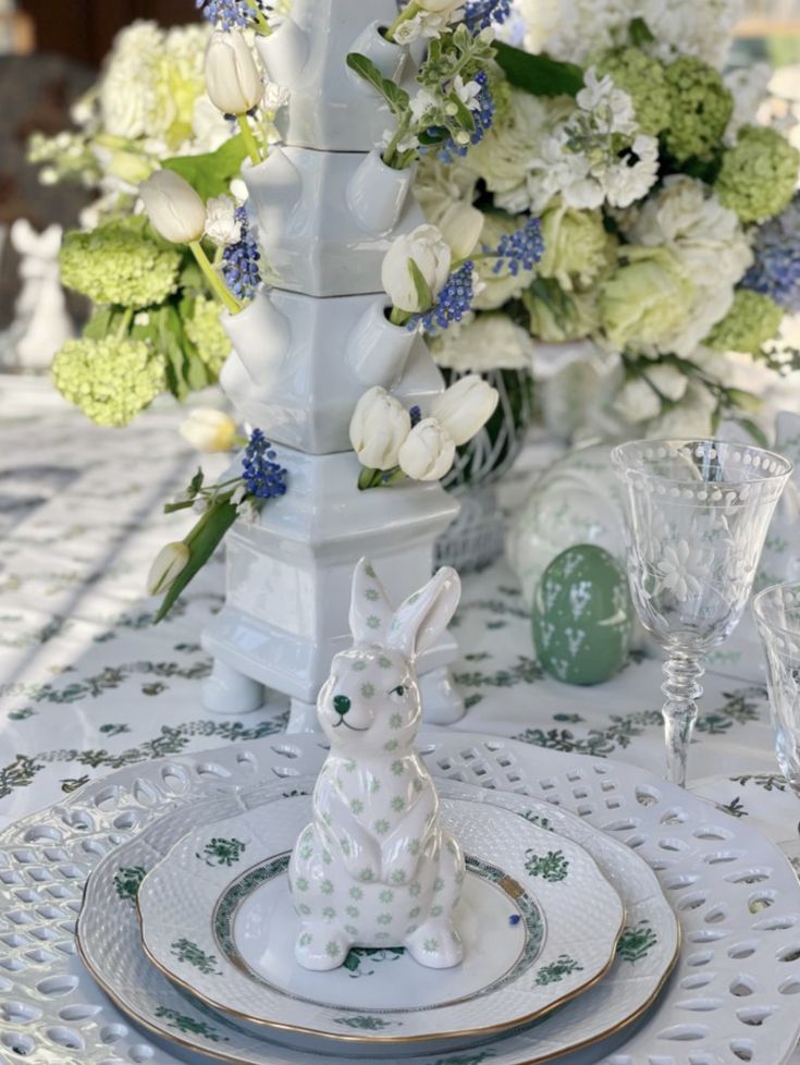 Small Green and White Floral Standing Bunny