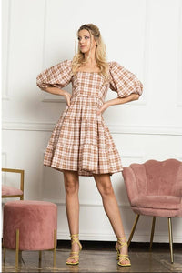 Taupe Gingham Puff Sleeve Tiered Mini Dress